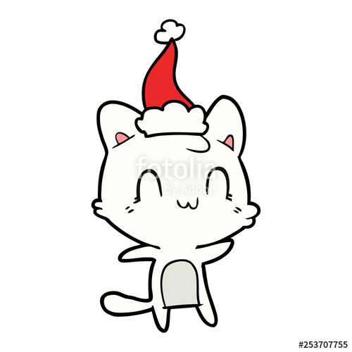 500x500 Line Drawing Of A Happy Cat Wearing Santa Hat Stock Image