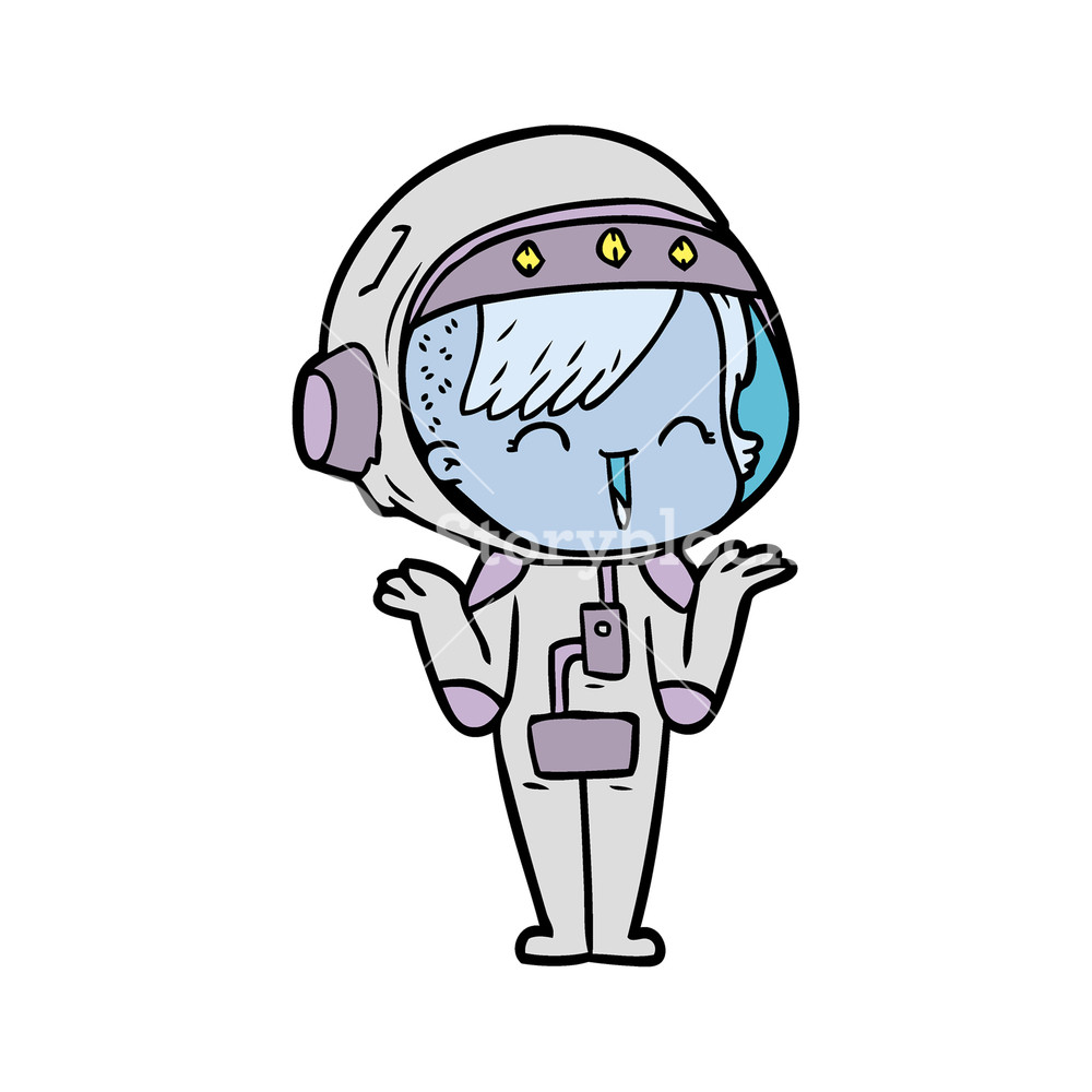 1000x1000 happy cartoon space girl shrugging shoulders royalty free stock
