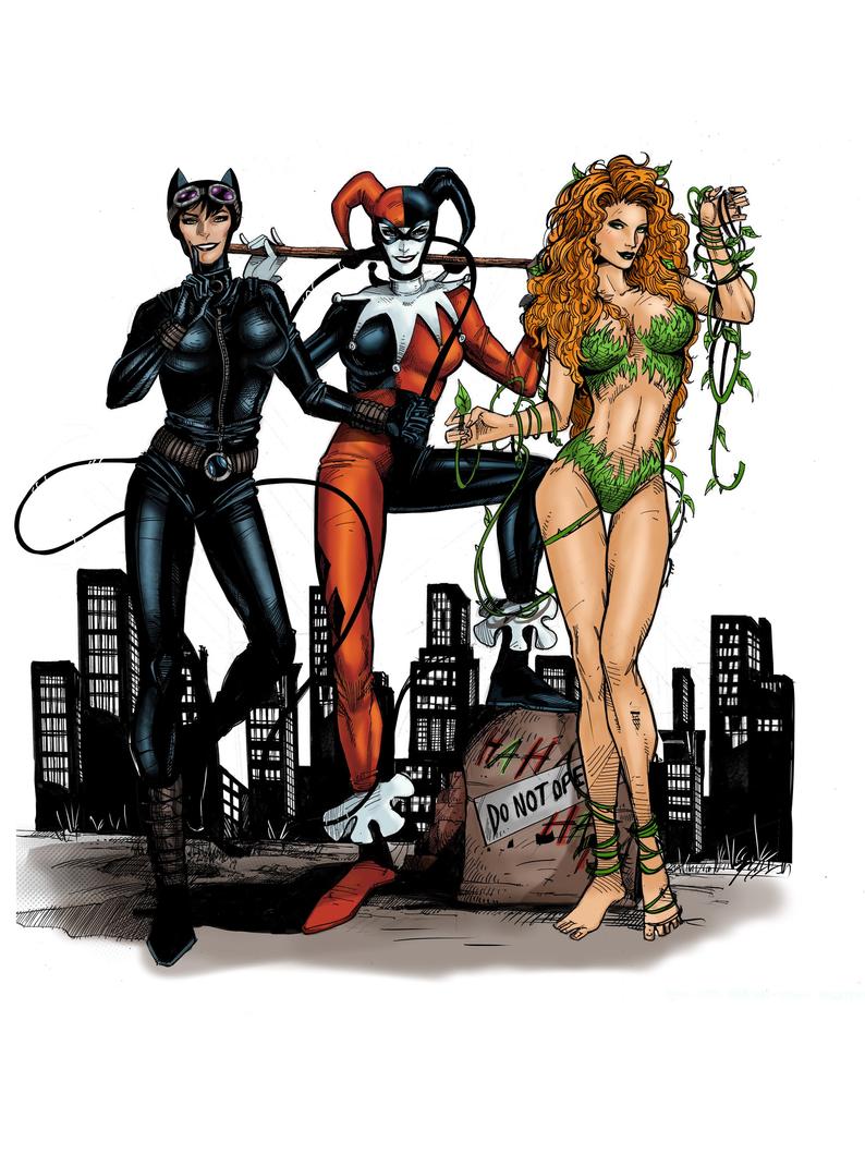 794x1059 catwoman harley quinn and poison ivy ink drawing etsy