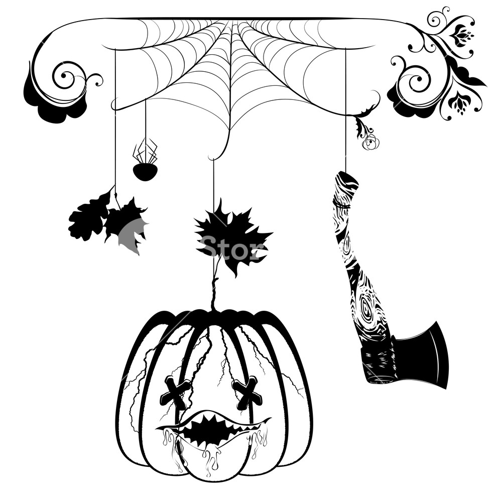 1000x1000 cracked cartoon pumpkin and hatchet halloween illustration