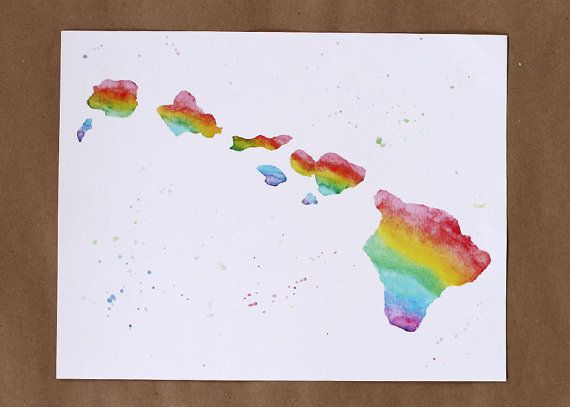 570x407 Hawaiian Islands Rainbow Painting, Hawaii, Aloha State, Watercolor