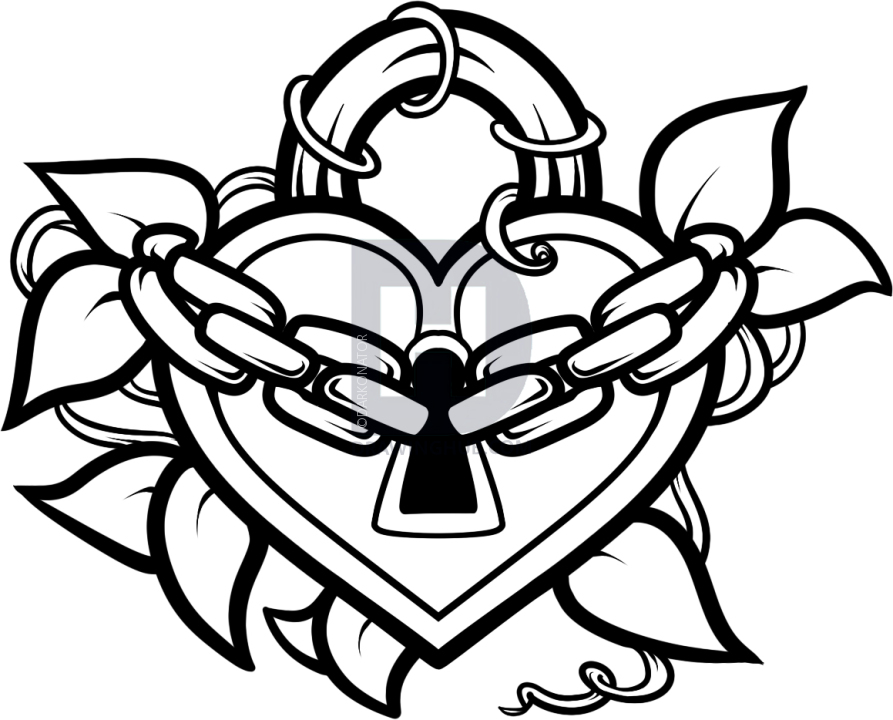 893x720 how to draw a heart lock, heart lock tattoo, step