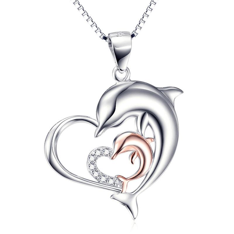 800x800 Sterling Silver Dolphin Design Heart Pendant Necklace