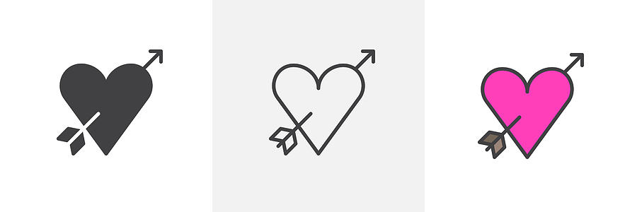 900x300 Cupid Arrow With Heart Different Style Icons Drawing