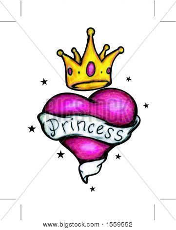 361x470 Illustrated Tattoo Drawing With Heart Jeweled Crown And Scroll
