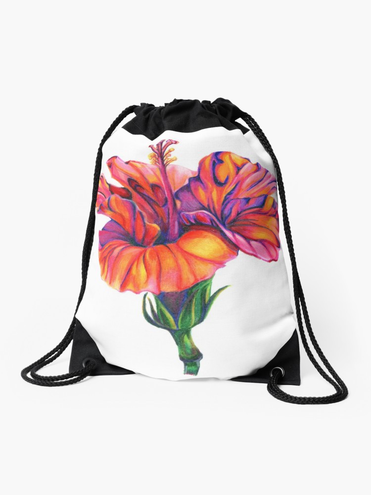 750x1000 Red Hibiscus Colored Pencil Floral Art Drawstring Bag