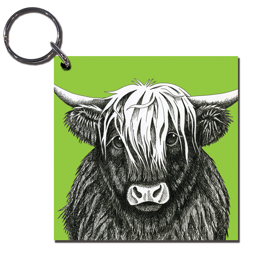 900x900 highland cow wooden keyring