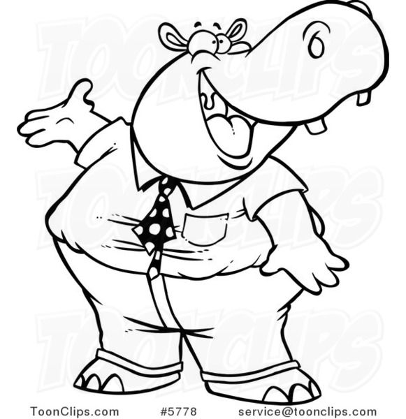 581x600 Cartoon Black And White Line Drawing Of A Business Hippo