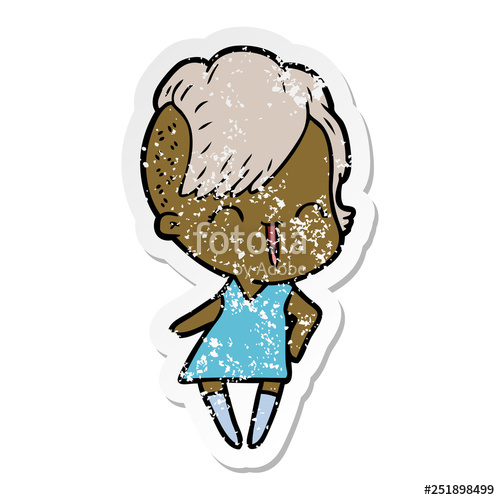 500x500 Distressed Sticker Of A Happy Cartoon Hipster Girl Stock Image