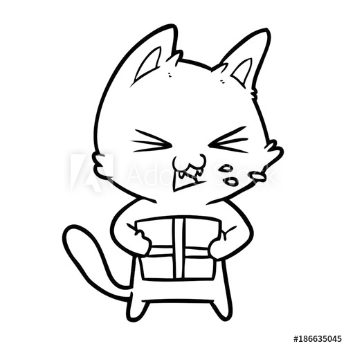 500x500 cartoon hissing cat with christmas present