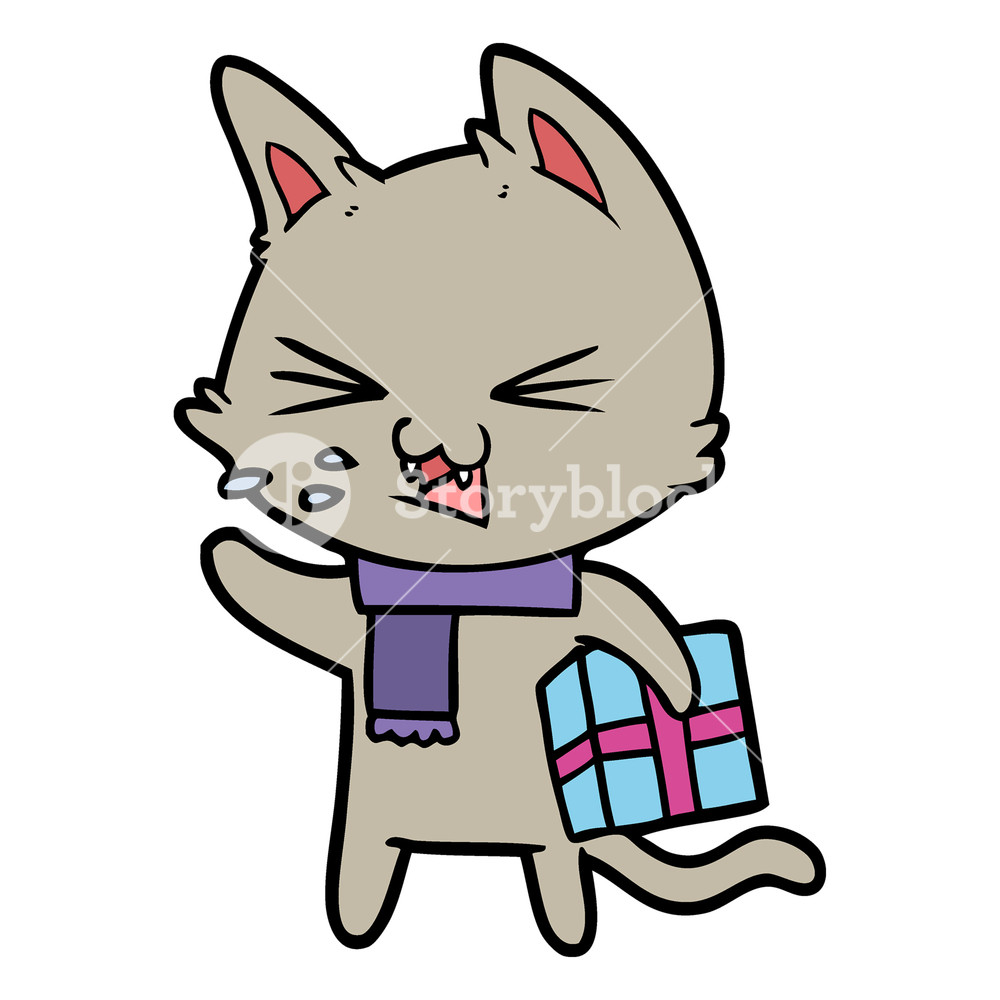 1000x1000 cartoon hissing cat with christmas present royalty free stock