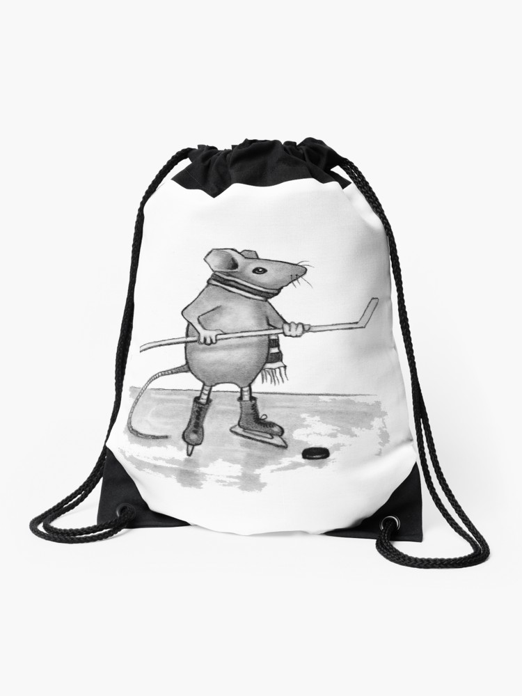 750x1000 Mouse Playing Hockey, Pencil Drawing Drawstring Bag