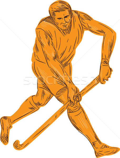 456x600 Field Hockey Player Running With Stick Drawing Vector Illustration
