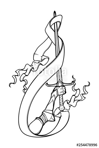 334x500 Hand Holding A Sword Decorated With A Banner Black And White