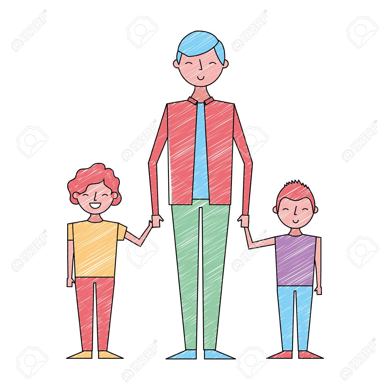 1300x1300 Two Kids Drawing Young Man Holding Hands Of Two Kids Vector