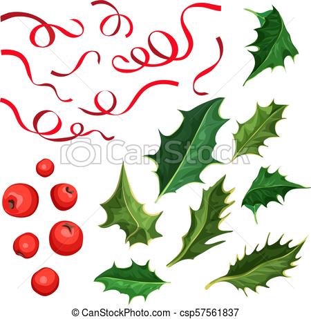 450x462 Vector Christmas Holly Leaves, Berries, Ribbon Set Vector