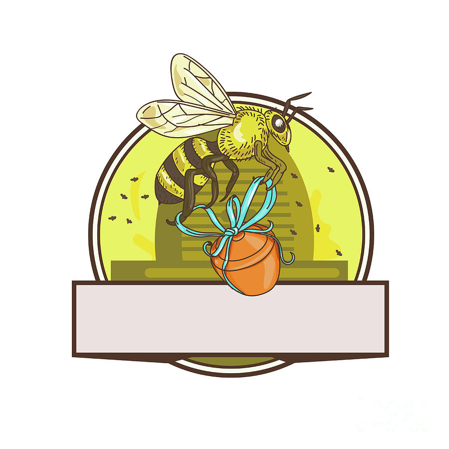 900x900 Bee Carrying Honey Pot Skep Circle Drawing Digital Art