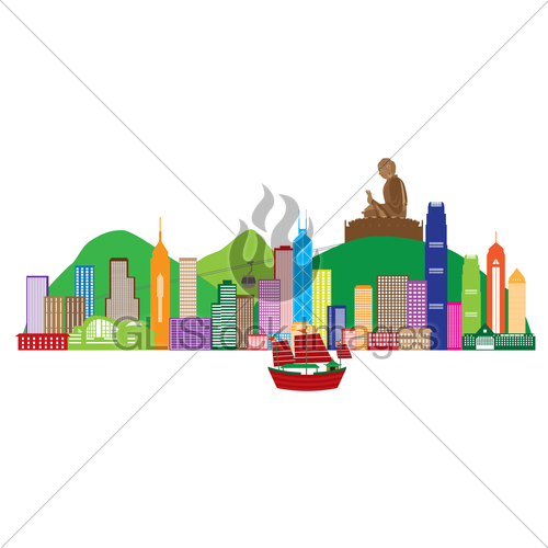 500x500 Hong Kong Skyline And Buddha Statue Color Illustration Gl Stock