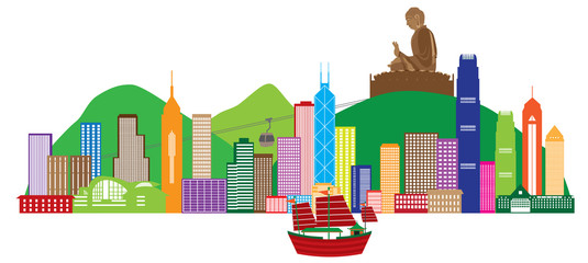 535x240 Hong Kong Skyline And Buddha Statue Color Vector Illustration