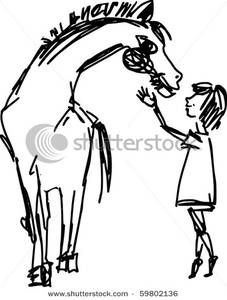 227x300 Clip Art Image Drawing Of A Little Girl Petting A Large Horse