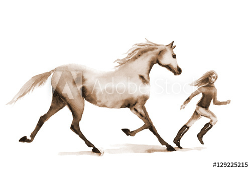 500x340 Watercolor Hand Painting Horse And Girl Running On The Field