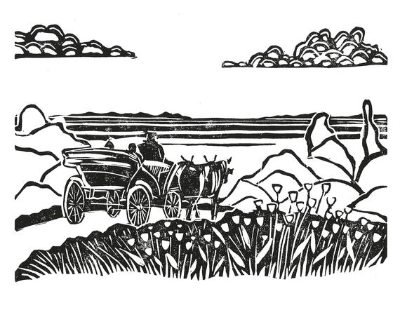 570x442 Wedding Carriage Original Handmade Linoleum Block Print