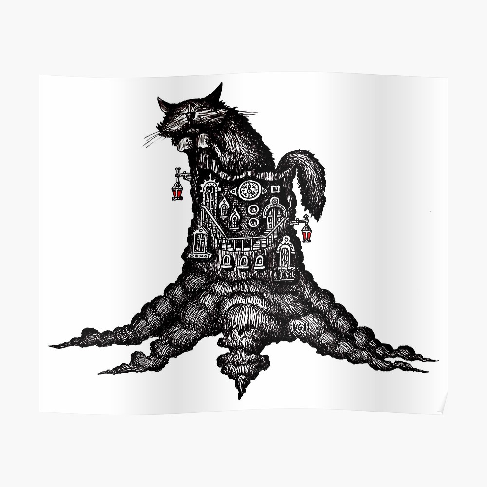 1000x1000 Cat On Stump Surreal Black And White Pen Ink Drawing Posters