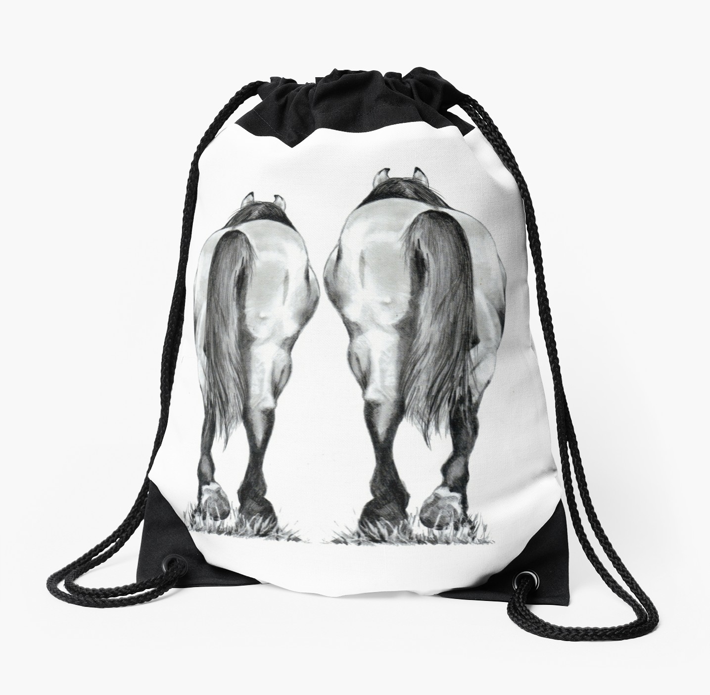 1435x1404 Horse Couple Walking Away, Pencil Drawing, Leaving Drawstring Bag