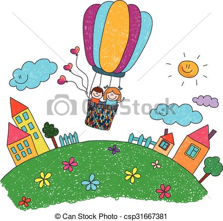 450x445 Cartoon Kids Riding A Hot Air Balloon Cartoon Kids Fly