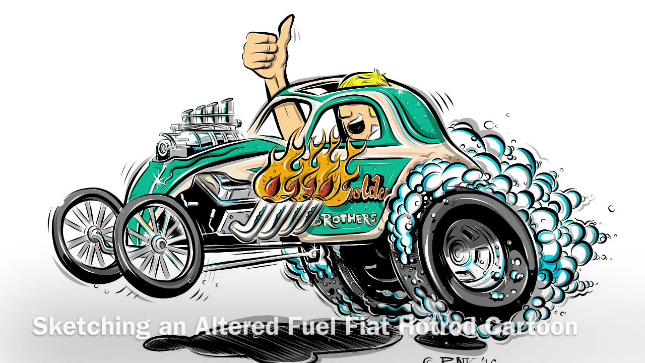 1280x720 sketching a hotrod cartoon drag car
