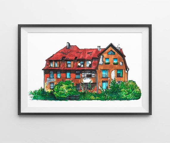 570x480 Custom House Portrait Illustration House Drawing Family House