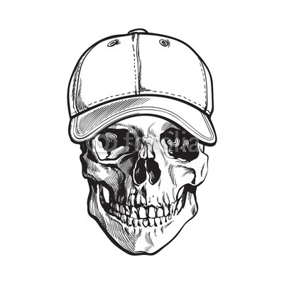 400x400 Hand Drawn Human Skull Wearing Black And White Unlabelled Baseball