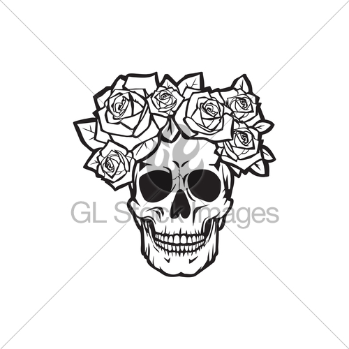 500x500 Human Skull With Roses Black And White Gl Stock Images