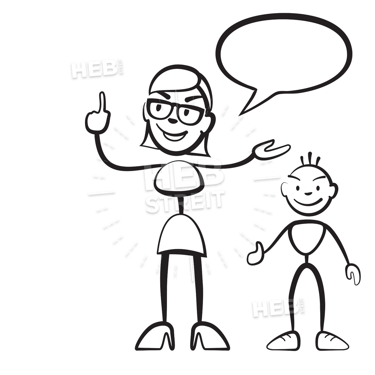 1280x1280 stick figure persona woman with child and speech bubble
