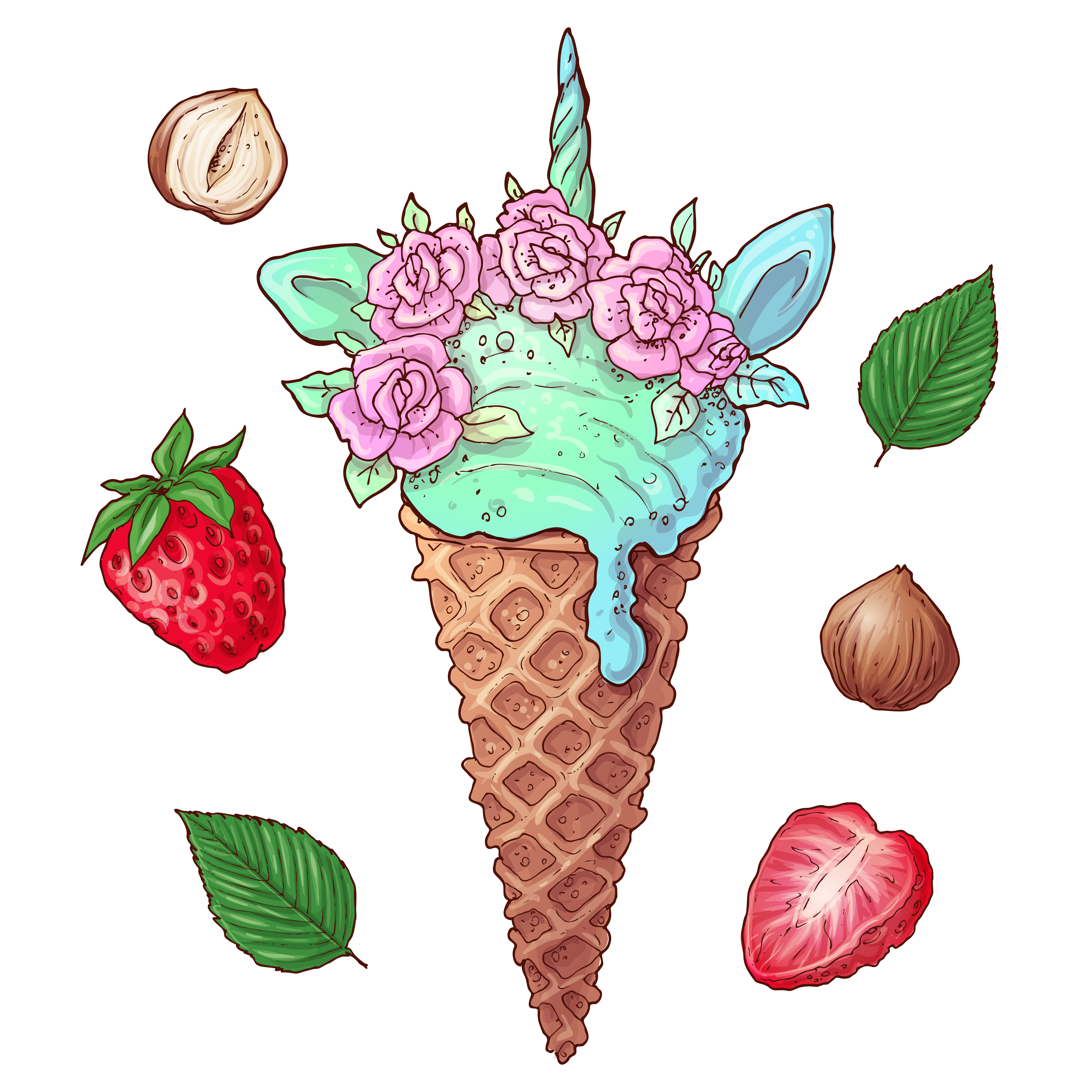 5000x5000 Set Berries Ice Cream Nuts Vector Illustration Hand Drawing