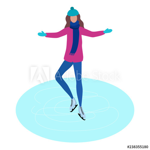 500x500 girl skating on ice rink, flat design vector illustration, young