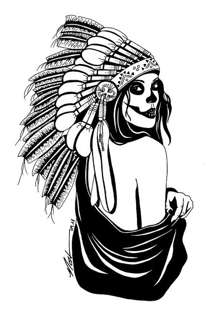 425x640 Sugar Skull With Indian Headdress Drawing Wurk Indian Skull