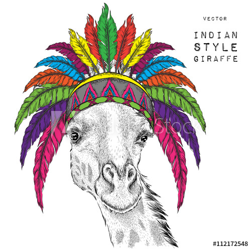 500x496 Giraffe In The Colorful Indian Roach Indian Feather Headdress