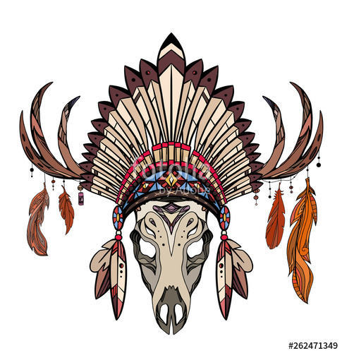 485x500 Outline Drawing Of Deer Skull With Native Cap Of Indian