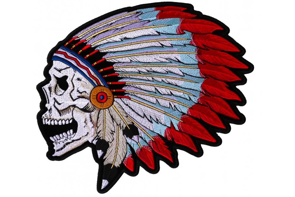 1000x667 Screaming Skull With Native Indian Head Dress Large Back Patch
