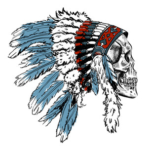 300x300 Dotwork Style Skull With Indian Feather Hat Grunge Vector Art