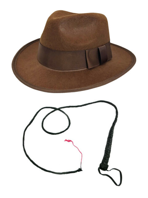 480x640 Mens Indiana Jones Costume Accessory Set Hat Fedora Foot Whip
