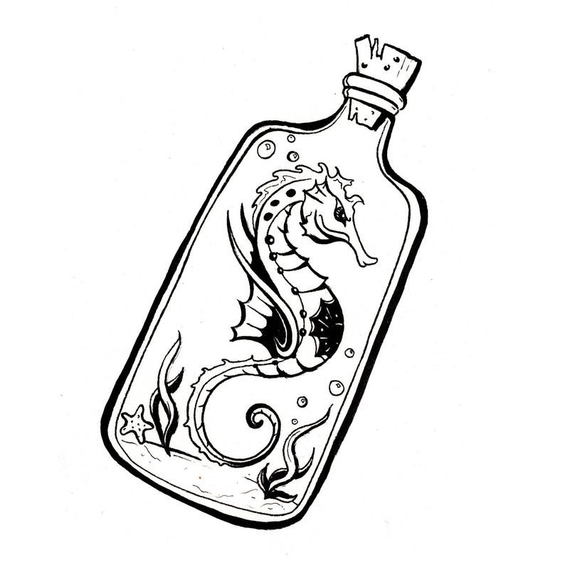 794x794 Seahorse In A Bottle Black And White Ink American Style Flash Etsy