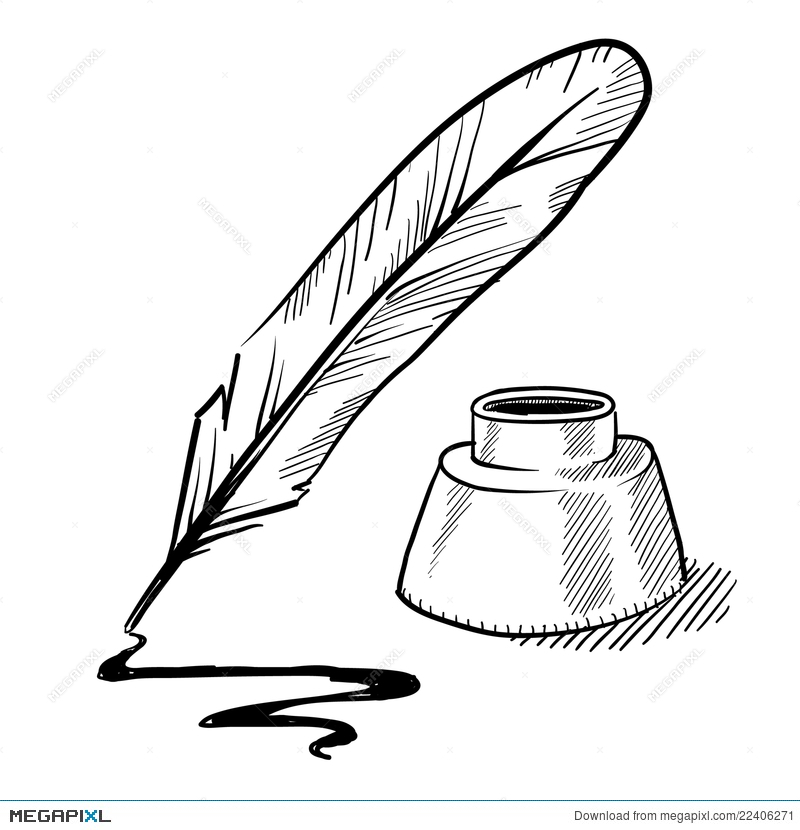 800x830 Feather Pen And Inkwell Drawing Illustration