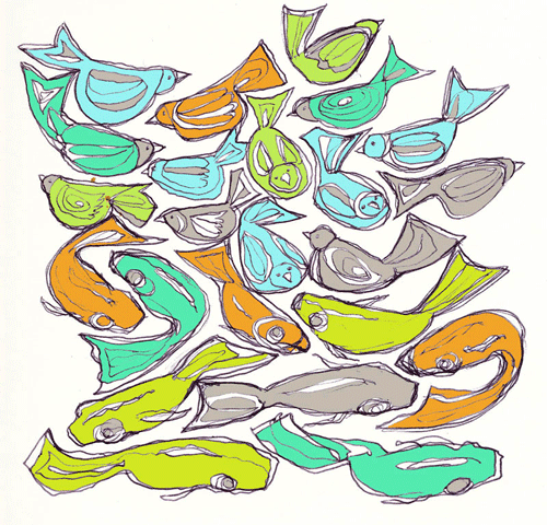 500x480 Whimsical Art International Of Fish And Fowl Ink Drawing