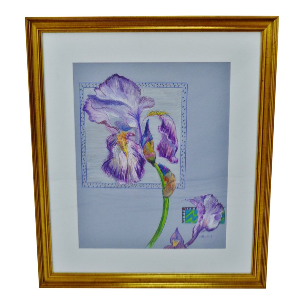1024x1024 Vintage Framed Colored Pencil Iris Drawing