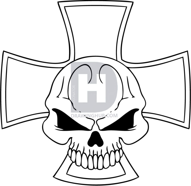 739x720 How To Draw An Iron Skull Cross, Step
