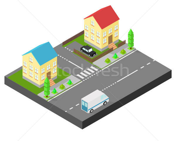 600x480 Isometric House Two Houses On The Same Street Sidewalk