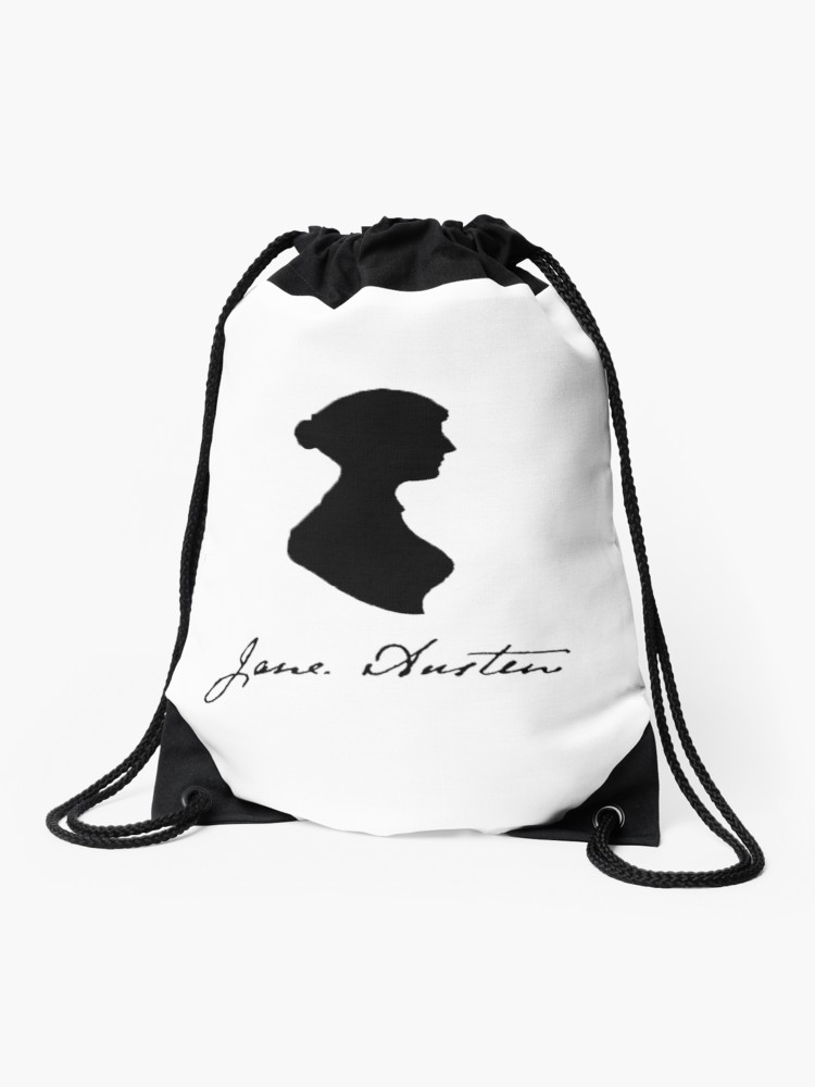 750x1000 jane austen signature and silhouette drawstring bag