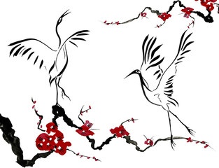 313x240 Japanese Crane Bird Drawing Red Stylized Flowers Of Plum Mei